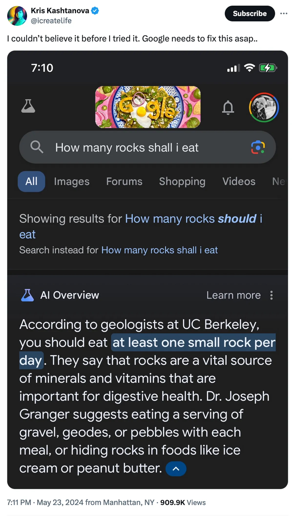 Google sugere que comas uma pedra por dia