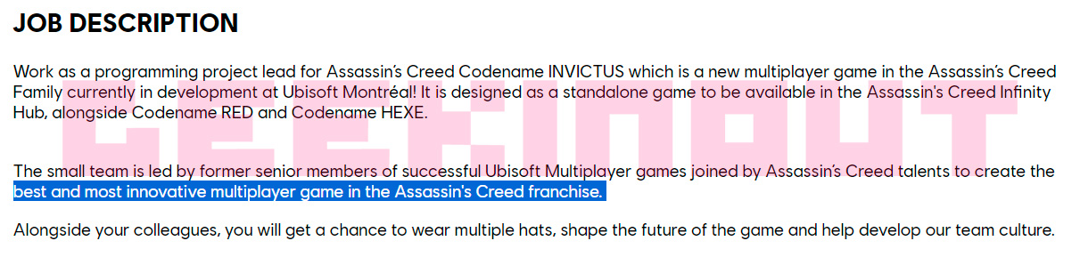 Oferta de emprego Assassin's Creed Codename Invictus